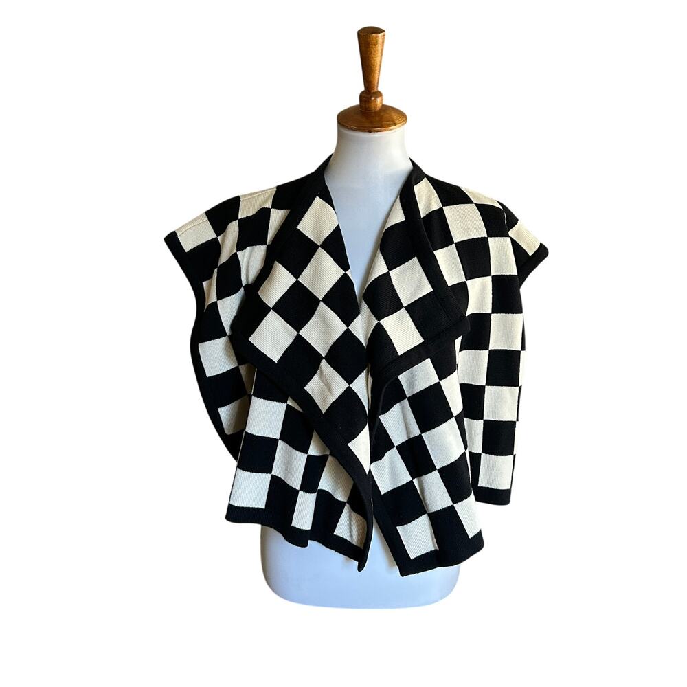 Escada Margaretha Ley Black Ivory Checkerboard Knit Vest Cardigan EU 34